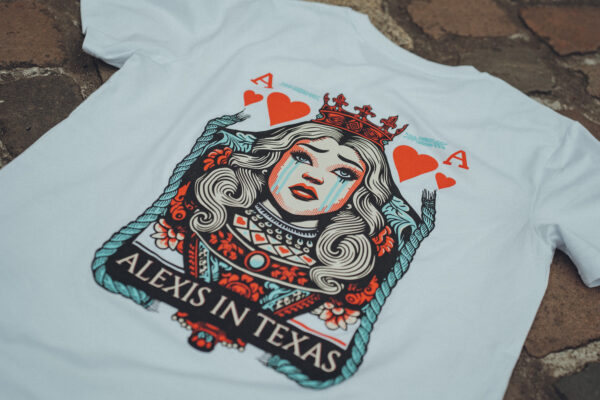 Alexis in Texas Premium Shirt – “Queen of Hearts” (Weiß, Backprint, Siebdruck)